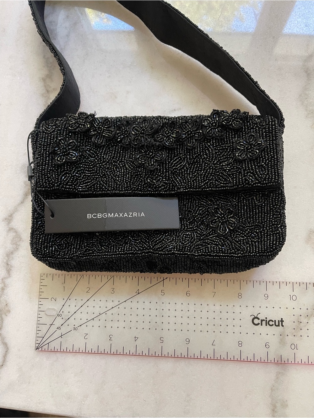 BCBGMaxAzria Black Beaded Floral Shoulder Clutch